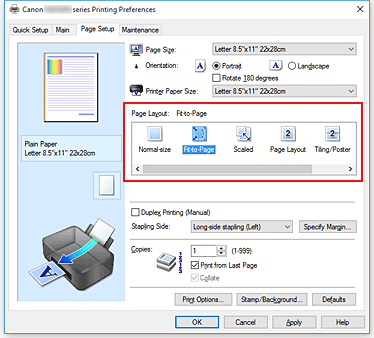 figura: selezionare Adattata alla pagina per Layout di pagina nella scheda Imposta pagina