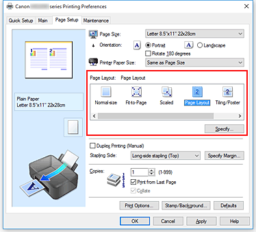 figura: selezionare Layout di pagina per Layout di pagina nella scheda Imposta pagina