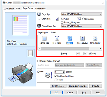 figura: Selezione di In scala per Layout di pagina nella scheda Imposta pagina