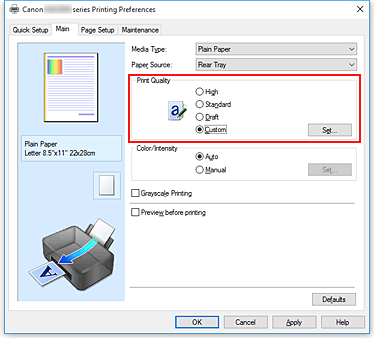 figure:Select on the Main tab, select Custom for Print Quality