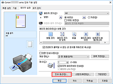 그림: [페이지 설정] 탭의 [인쇄 옵션...]