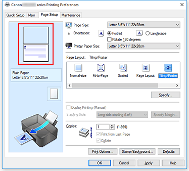 slika: predogled nastavitev na kartici Page Setup