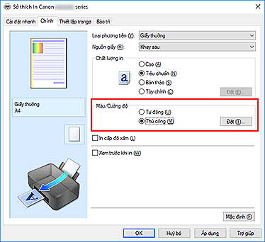 hình: Chọn Thủ công cho Màu/Cường độ trên tab Chính
