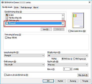 hình: Chọn Phong bì từ Cài đặt thường dùng trên tab Cài đặt nhanh