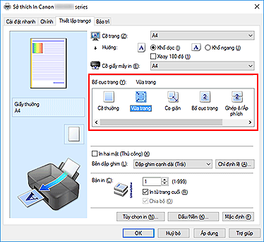 hình: Chọn Vừa trang cho Bố cục trang trên tab Thiết lập trang