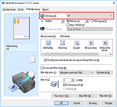 hình: Cỡ trang trên tab Thiết lập trang
