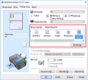 hình: Chọn Ghép ô/Áp phích cho Bố cục trang trên tab Thiết lập trang