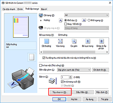 hình: Tùy chọn in... trên tab Thiết lập trang