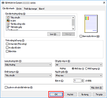 hình: OK trên tab Cài đặt nhanh