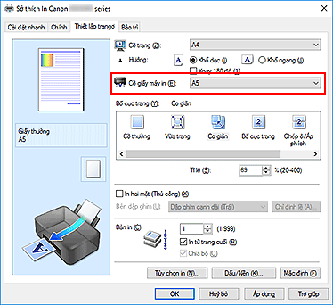 hình: Cỡ giấy máy in trên tab Thiết lập trang