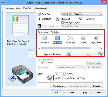 figure:Select Borderless for Page Layout on the Page Setup tab