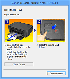 Imagen: mensaje de error del Monitor de estado Canon IJ