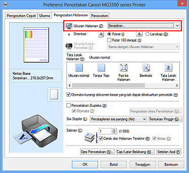 gambar: Pilih Serasi untuk Ukuran Halaman pada tab Pengesetan Halaman