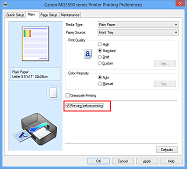 attēls: izvēles rūtiņa Priekšskatīt pirms drukāšanas cilnē Galvenie iestatījumi