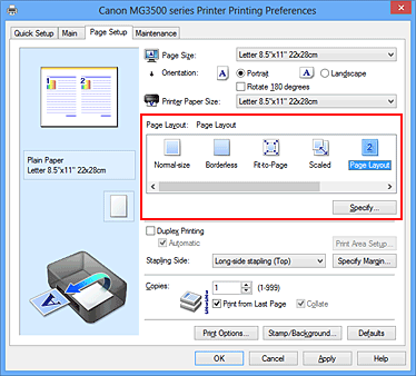 figura: Selecione Layout de Página para Layout de Página na guia Configurar Página