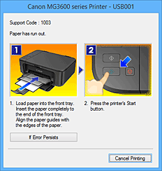фигура: Дисплей за грешки на Canon IJ Status Monitor