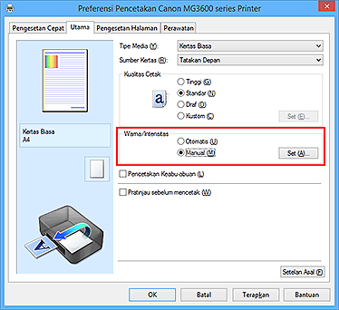 gambar: Pilih Manual untuk Warna/Intensitas pada tab Utama