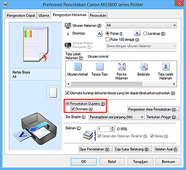 gambar: Kotak centang Pencetakan Dupleks pada tab Pengesetan Halaman