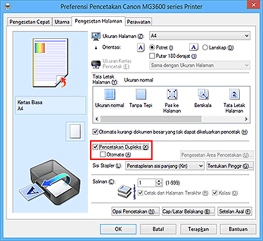 gambar: Kotak centang Pencetakan Dupleks pada tab Pengesetan Halaman