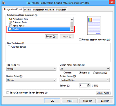 gambar: Pilih Amplop dari Setelan yang Biasa Digunakan dalam tab Pengesetan Cepat