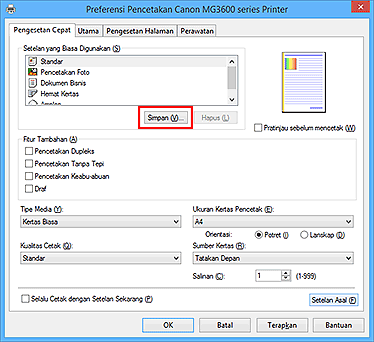 gambar: Simpan... pada tab Pengesetan Cepat