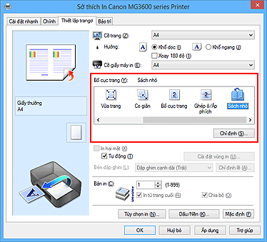 hình: Chọn Sách nhỏ cho Bố cục trang trên thanh Thiết lập trang