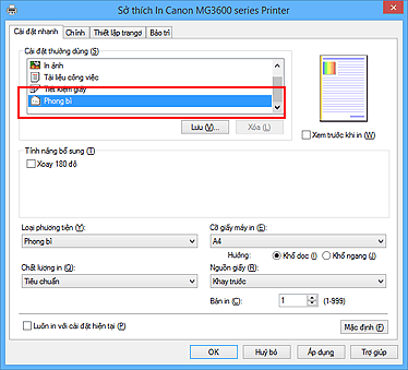 hình: Chọn Phong bì từ Cài đặt thường dùng trên thanh Cài đặt nhanh