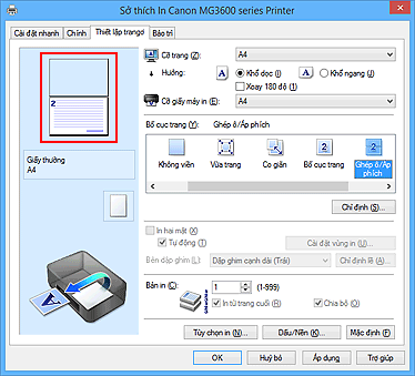 hình: Xem trước Cài đặt được hiển thị trên thanh Thiết lập trang