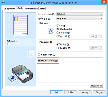 hình: Hộp kiểm Xem trước khi in trên thanh Chính