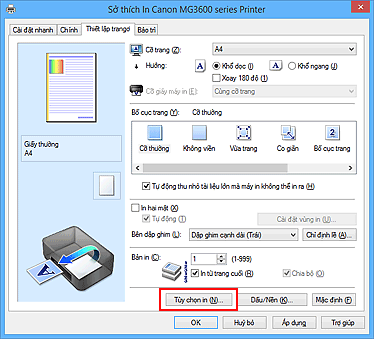 hình: Tùy chọn in... trên thanh Thiết lập trang