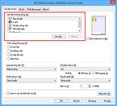 hình: Cài đặt thường dùng trên thanh Cài đặt nhanh