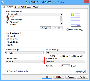 hình: Chất lượng in trên thanh Cài đặt nhanh
