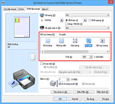 hình: Chọn Co giãn cho Bố cục trang trên thanh Thiết lập trang