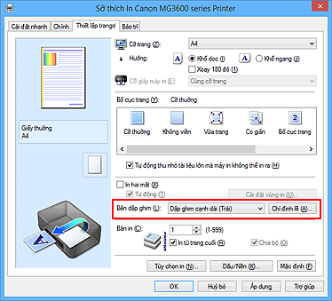 hình: Bên dập ghim trên thanh Thiết lập trang