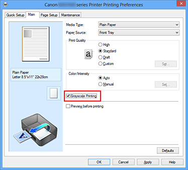 фигура: Квадратче за отметка &bdquo;Grayscale Printing&rdquo; в раздела &bdquo;Main&rdquo;