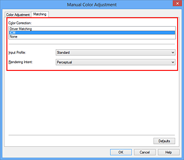 figure:Select ICM for Color Correction in the Manual Color Adjustment dialog box