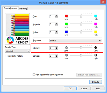 figure:Intensity in the Manual Color Adjustment dialog box