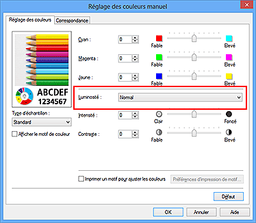 figure : Luminosité dans la boîte de dialogue Réglage des couleurs manuel