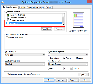 figure : Sélectionnez Enveloppe dans Paramètres courants dans l'onglet Configuration rapide.