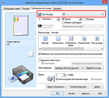 figure : Format page dans l'onglet Configuration de la page