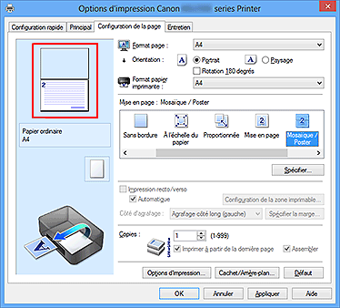 figure : Affichage de l'aperçu des paramètres dans l'onglet Configuration de la page