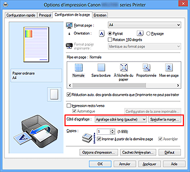 figure : Côté d'agrafage dans l'onglet Configuration de la page