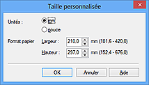 figure : Boîte de dialogue Taille personnalisée