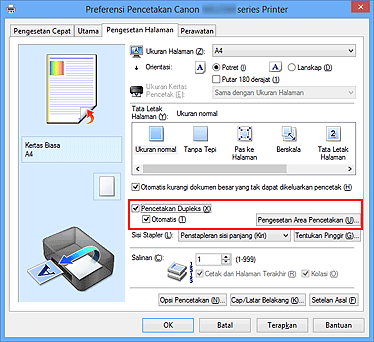 gambar: Kotak centang Pencetakan Dupleks pada tab Pengesetan Halaman