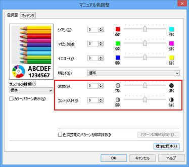 図：［マニュアル色調整］ダイアログボックスの濃度/コントラスト