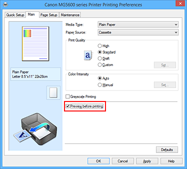 фигура: Квадратче за отметка &bdquo;Preview before printing&rdquo; в раздела &bdquo;Main&rdquo;