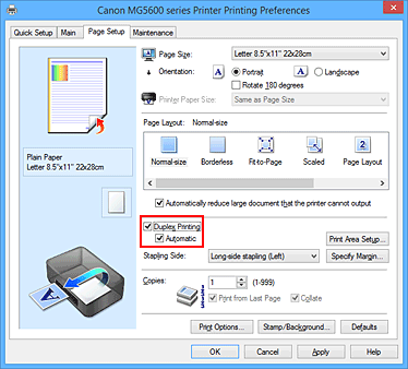 Imagen: casilla de verificación Impresión a doble cara de la ficha Configurar página