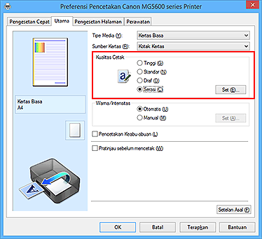 gambar: Pilih pada tab Utama, pilih Serasi untuk Kualitas Cetak