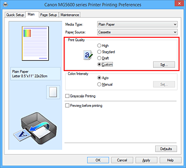 pav.: Spausdinimo kokybės parinkties &bdquo;Pasirinktinis&ldquo; pasirinkimas pagrindinių nuostatų skirtuke