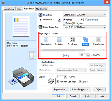 figura:Selectarea Scaled pentru Page Layout din fila Page Setup